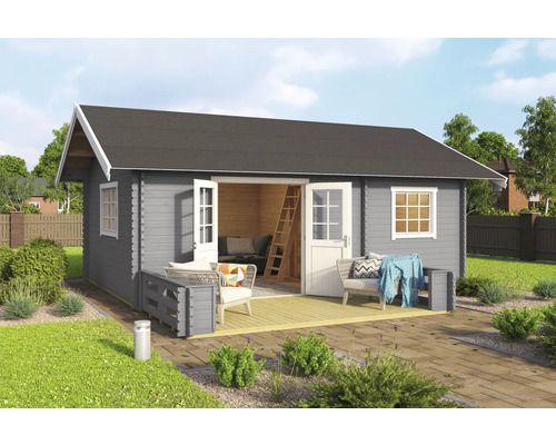 Modernes Gartenhaus mit Terrasse und offenstehenden Doppeltüren.