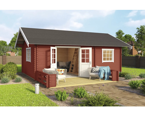 Holz Gartenhaus mit Terrasse und Möbeln im Garten