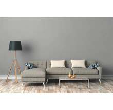 Salon avec canapé, lampadaire et table basse