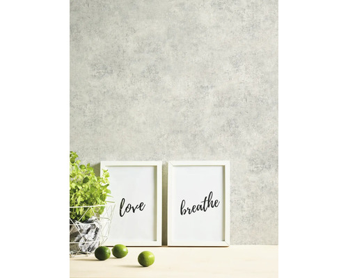 Dekorative Szene mit Schriftbildern, Pflanze und Limetten auf einem Tisch vor einer Wand