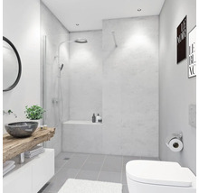 Salle de bains avec douche, lavabo sur étagère en bois et toilettes