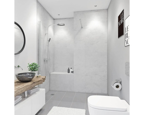 Salle de bains avec douche, lavabo sur étagère en bois et toilettes