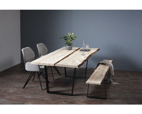 Ensemble de salle à manger avec plateau de table en bois, pieds en métal, chaises et banc