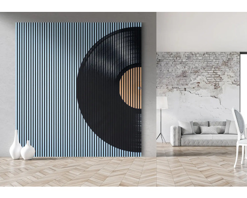 Pièce à vivre avec panneau mural en forme de disque vinyle