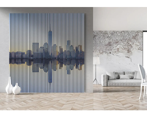 Panneau mural décoratif avec motif de skyline dans un espace de vie moderne