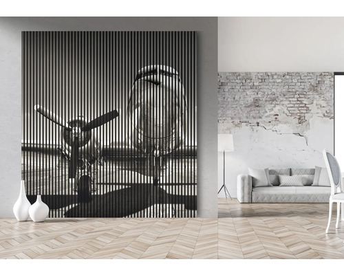 Panneau mural décoratif avec motif d''avion et structure à lamelles dans un espace de vie lumineux.