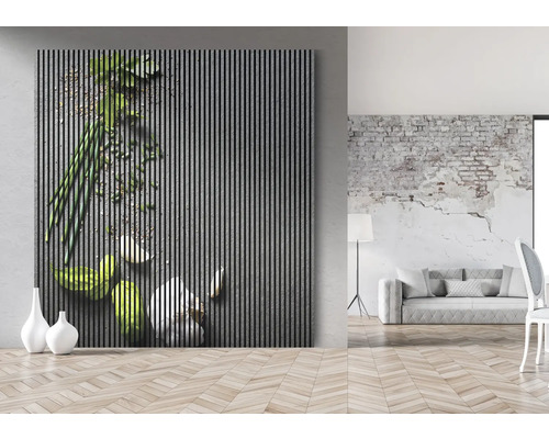 Panneau mural décoratif avec motif de légumes dans une pièce meublée moderne.