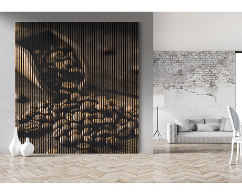 Panneau mural décoratif avec motif de grains de café dans un espace de vie moderne.