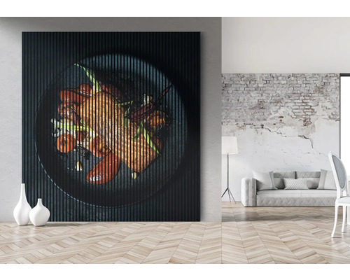 Panneau mural décoratif avec motif alimentaire dans un espace de vie moderne.