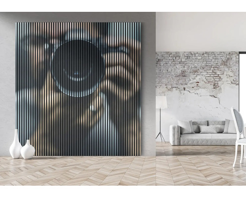 Panneau mural décoratif avec motif d''appareil photo et aspect bois dans une pièce meublée moderne.