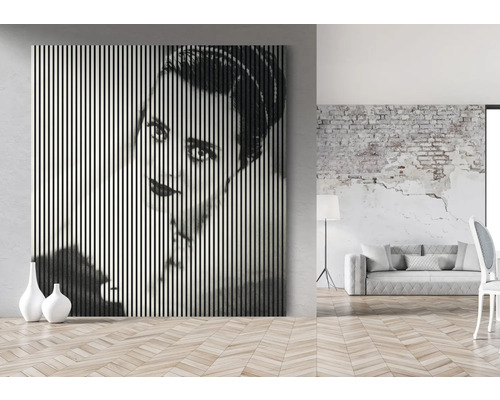 Image murale décorative avec des rayures verticales et un portrait de femme dans une pièce lumineuse.