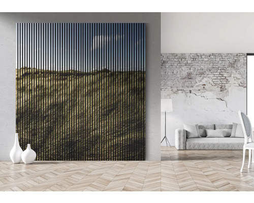 Espace de vie avec panneau acoustique décoratif avec motif de paysage