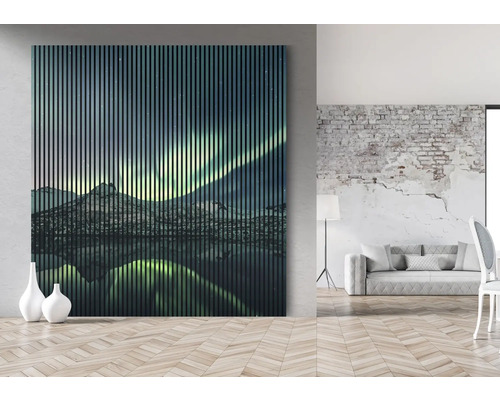 Scène d''intérieur avec un revêtement mural représentant un paysage de montagne sous le ciel étoilé