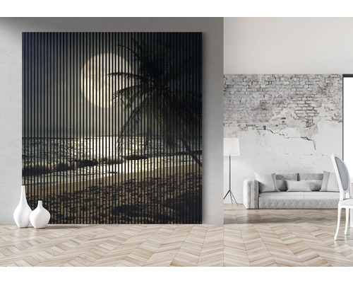 Wandpaneel mit Motiv einer Strandlandschaft bei Mondschein im Wohnraum