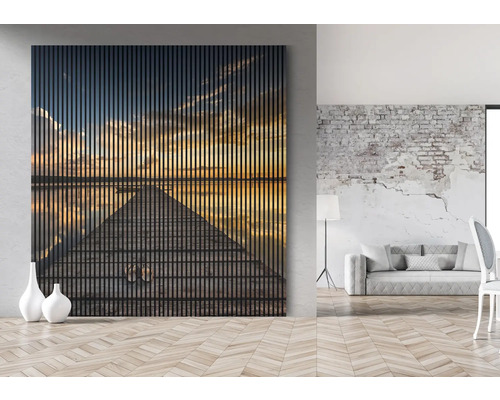 Tableau mural avec motif de coucher de soleil dans un salon aménagé moderne