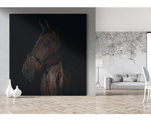 Grande image murale avec portrait de cheval dans un salon moderne