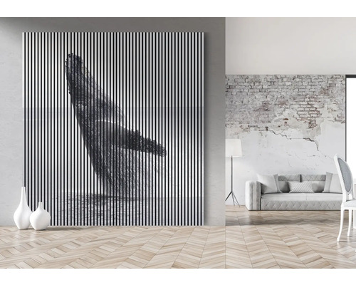 Espace de vie avec une image murale décorative représentant une baleine