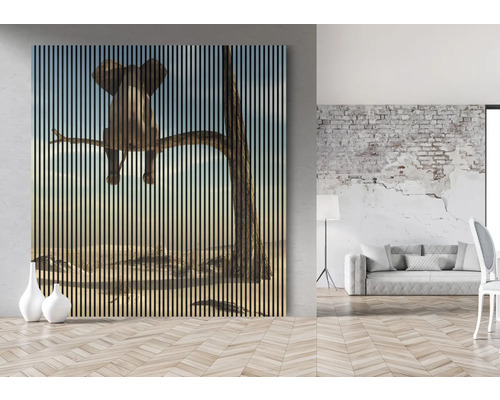 Image murale avec un éléphant dans un arbre, structure à lamelles verticales pour une utilisation décorative à l''intérieur