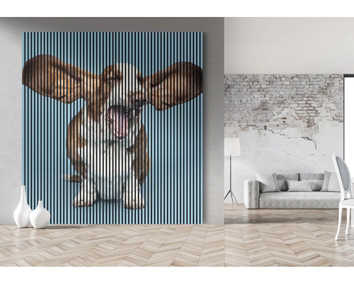 Image murale décorative avec un motif de chien et une structure à lattes