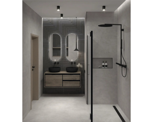 Modernes Badezimmer mit Doppelwaschtisch, Spiegeln, Dusche und Beleuchtung.