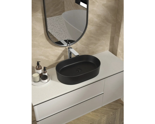 Modernes Badezimmer mit Aufsatzwaschbecken, Spiegel und Waschtisch