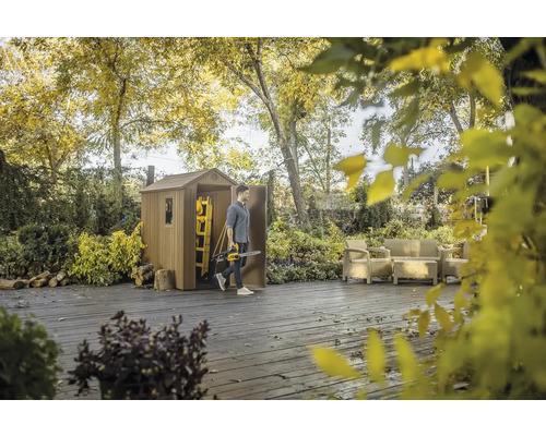 Gartenszene mit Gerätehaus, Terrassenmöbeln und einer Person mit einer Kettensäge.