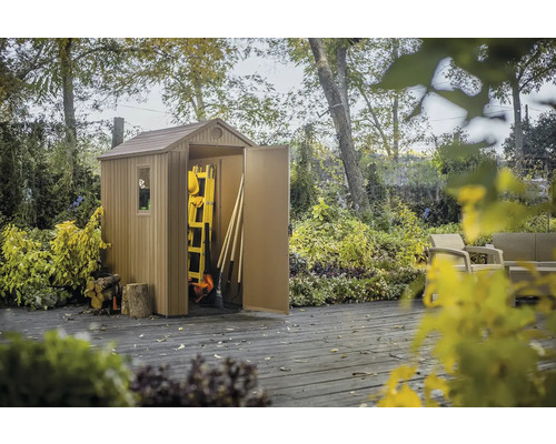 Gartenschuppen mit geöffneter Tür, Leiter und Gartengeräte sichtbar