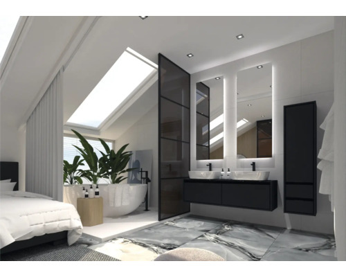 Helles Schlafzimmer mit offenem Badezimmer, Badewanne, Waschtisch und Spiegel