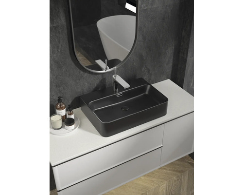 Badezimmerwaschtisch mit Aufsatzwaschbecken, Armatur und Spiegel