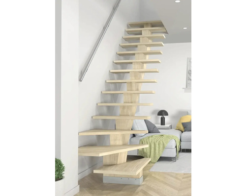 Holztreppe in einem hellen Wohnraum mit Treppengeländer