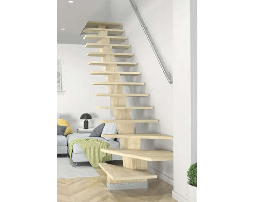 Escalier autoportant en bois dans un espace de vie avec rampe