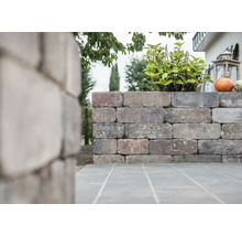 Mur de jardin en pierres de béton avec plantes et décoration