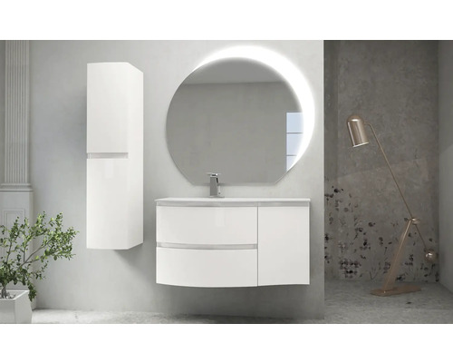 Salle de bain avec meuble-lavabo, armoire de toilette et miroir LED