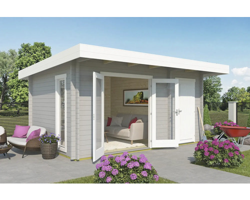 Gartenhaus Outdoor Life Chameleon 44 inkl. Fussboden 510 x 410 cm lichtgrau Modernes Gartenhaus mit Doppeltür, Fenster und Flachdach auf Terrasse mit Gartenmöbeln und Schubkarre