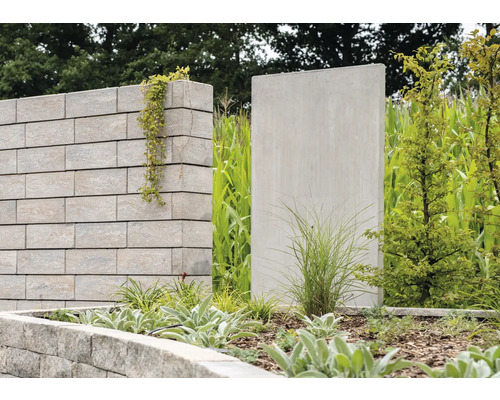 Scène de jardin avec mur en blocs de pierre, parterre et mur en béton