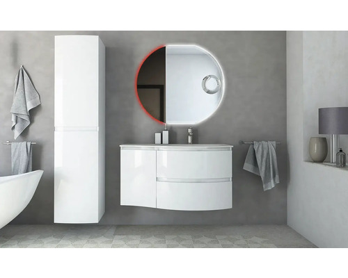 Salle de bain avec meuble-lavabo, armoire de toilette et armoire haute dans un design lumineux et moderne