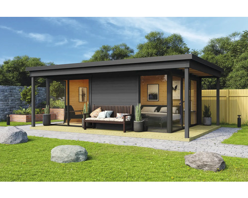 Abri de jardin OUTDOOR LIFE Domeo 3 Loggia avec plancher et terrasse 588,8 x 401,9 cm gris carbone