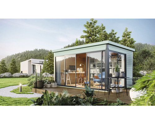 Abri de jardin Outdoor Life Domeo 4 avec plancher et terrasse 418 x 321,9 cm vert glacier