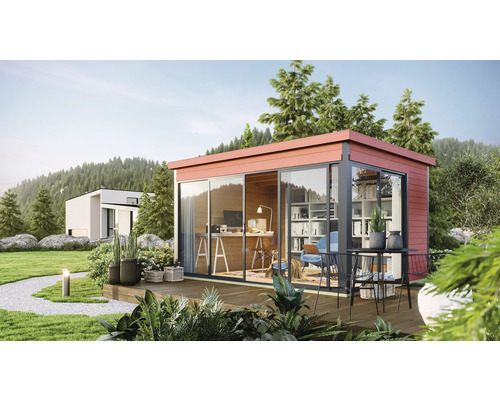 Abri de jardin Outdoor Life Domeo 4 avec plancher et terrasse 418 x 321,9 cm rouge de Falun