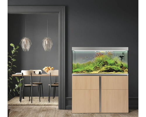 Eingerichtetes Aquarium mit Unterschrank in einem Wohnraum