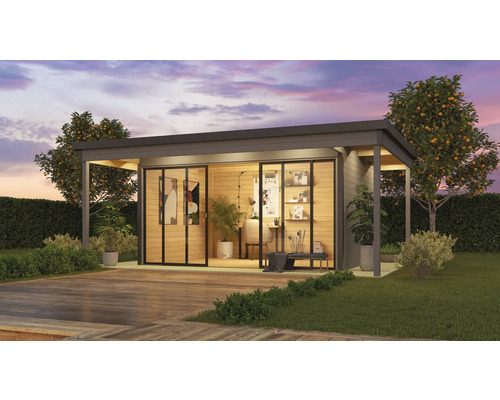 Abri de jardin Outdoor Life Domeo 4 Loggia avec plancher et terrasse 578 x 401,9 cm gris clair