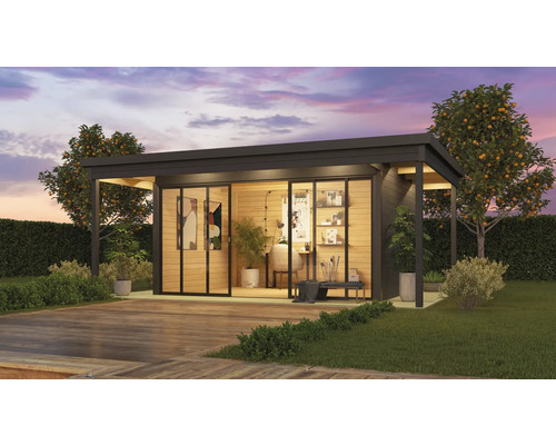 Abri de jardin Outdoor Life Domeo 4 Loggia avec plancher et terrasse 578 x 401,9 cm gris carbone