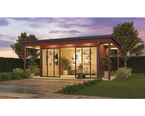 Abri de jardin Outdoor Life Domeo 4 Loggia avec plancher et terrasse 578 x 401,9 cm rouge de Falun