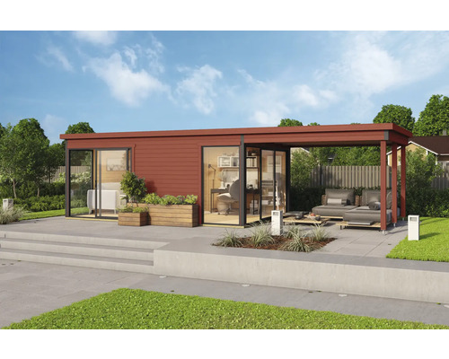 Abri de jardin moderne avec bureau, terrasse et coin salon