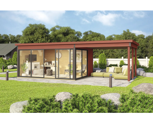 Maison de jardin moderne avec bureau et coin salon extérieur.