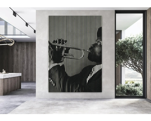 Image murale avec une représentation en noir et blanc d''un trompettiste dans un intérieur
