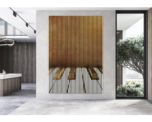 Salon avec une grande image murale avec un motif de piano