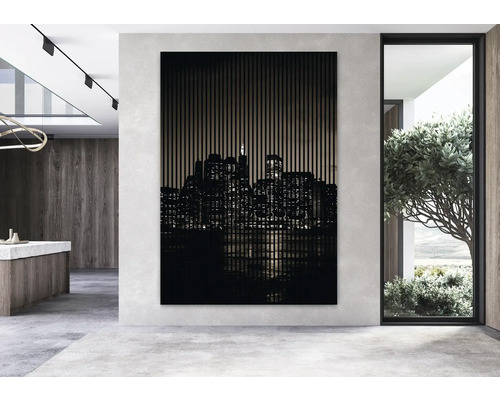 Tableau mural décoratif avec un motif de paysage urbain dans un espace au design moderne.