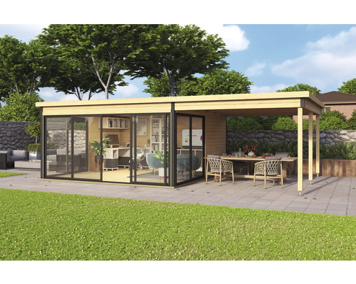 Abri de jardin moderne avec bureau et terrasse couverte à l''extérieur.