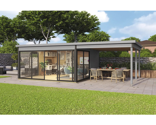 Maison de jardin moderne avec bureau et terrasse couverte à l''extérieur.